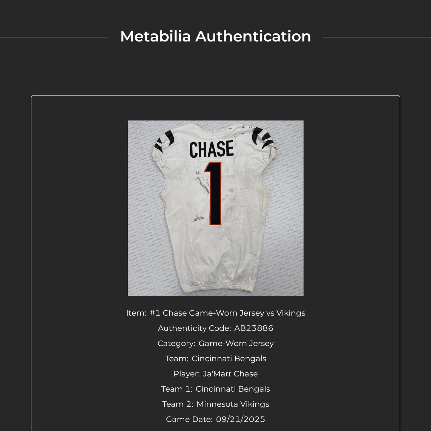 Ja'Marr Chase GAME WORN 09/21/2025 💪 PHOTO-MATCHED 📸 Bengals 🐅 NFL Jersey vs.Vikings Inc. Certificate of Authenticity 🛡️