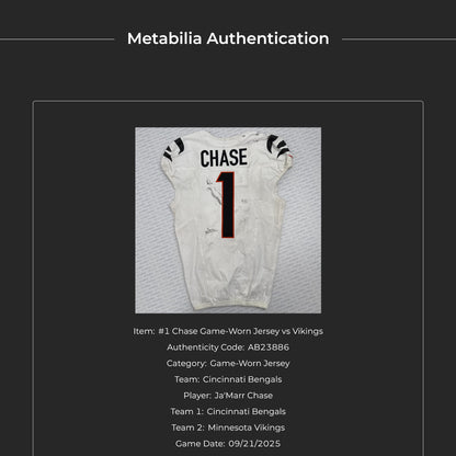 Ja'Marr Chase GAME WORN 09/21/2025 💪 PHOTO-MATCHED 📸 Bengals 🐅 NFL Jersey vs.Vikings Inc. Certificate of Authenticity 🛡️