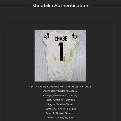 Ja'Marr Chase GAME-WORN🏈Ja'Marr Chase GAME-WORN 09/29/25💪Cincinnati Bengals🐅NFL Jersey vs. Broncos