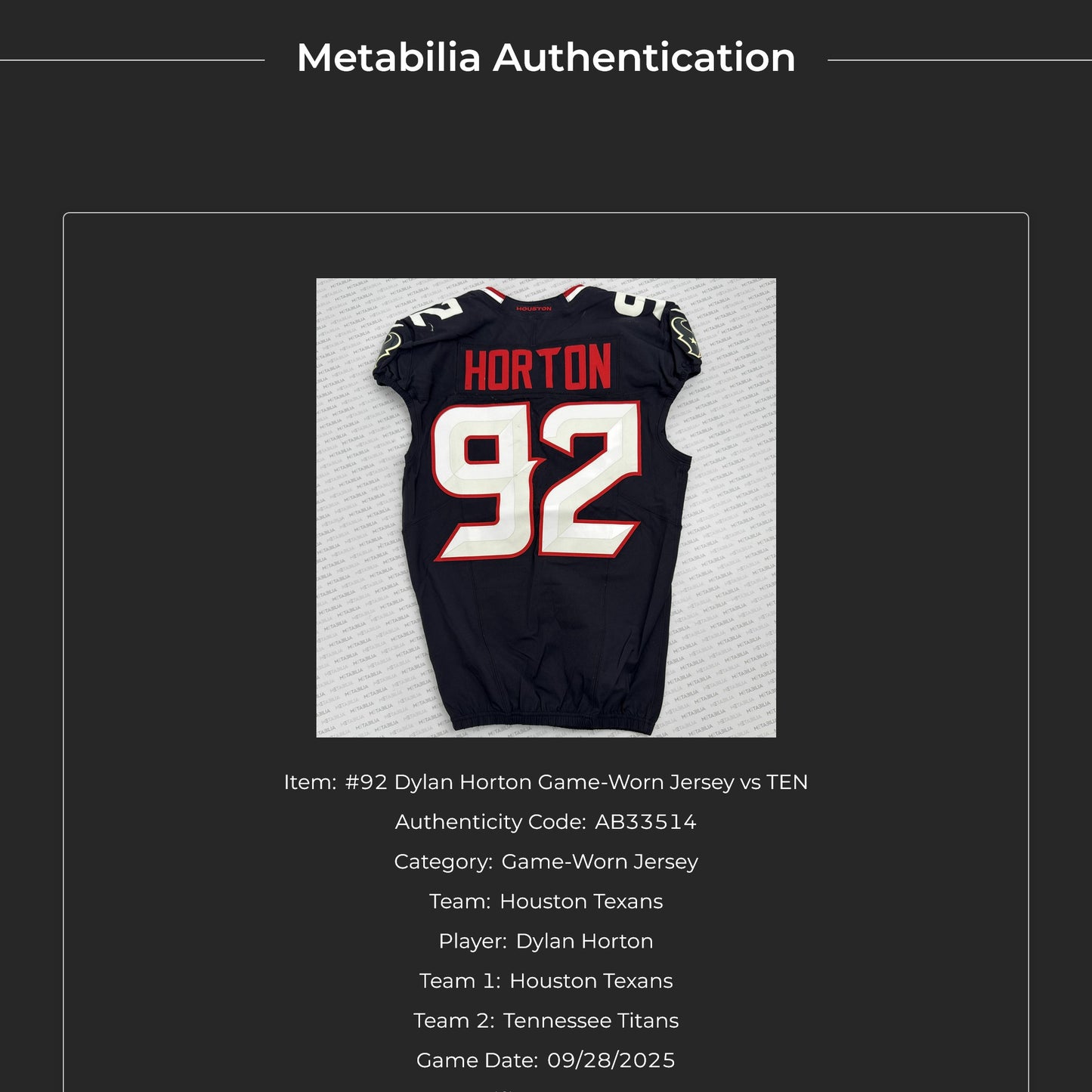 Dylan Horton GAME USED💪09/28/2025 Houston Texans Nike NFL Jersey🎽vs. Tennessee Titans Also includes COA 🛡️