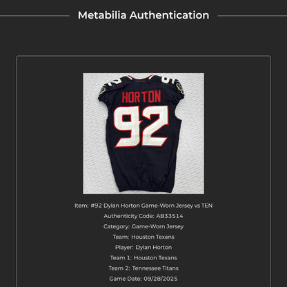 Dylan Horton GAME USED💪09/28/2025 Houston Texans Nike NFL Jersey🎽vs. Tennessee Titans Also includes COA 🛡️