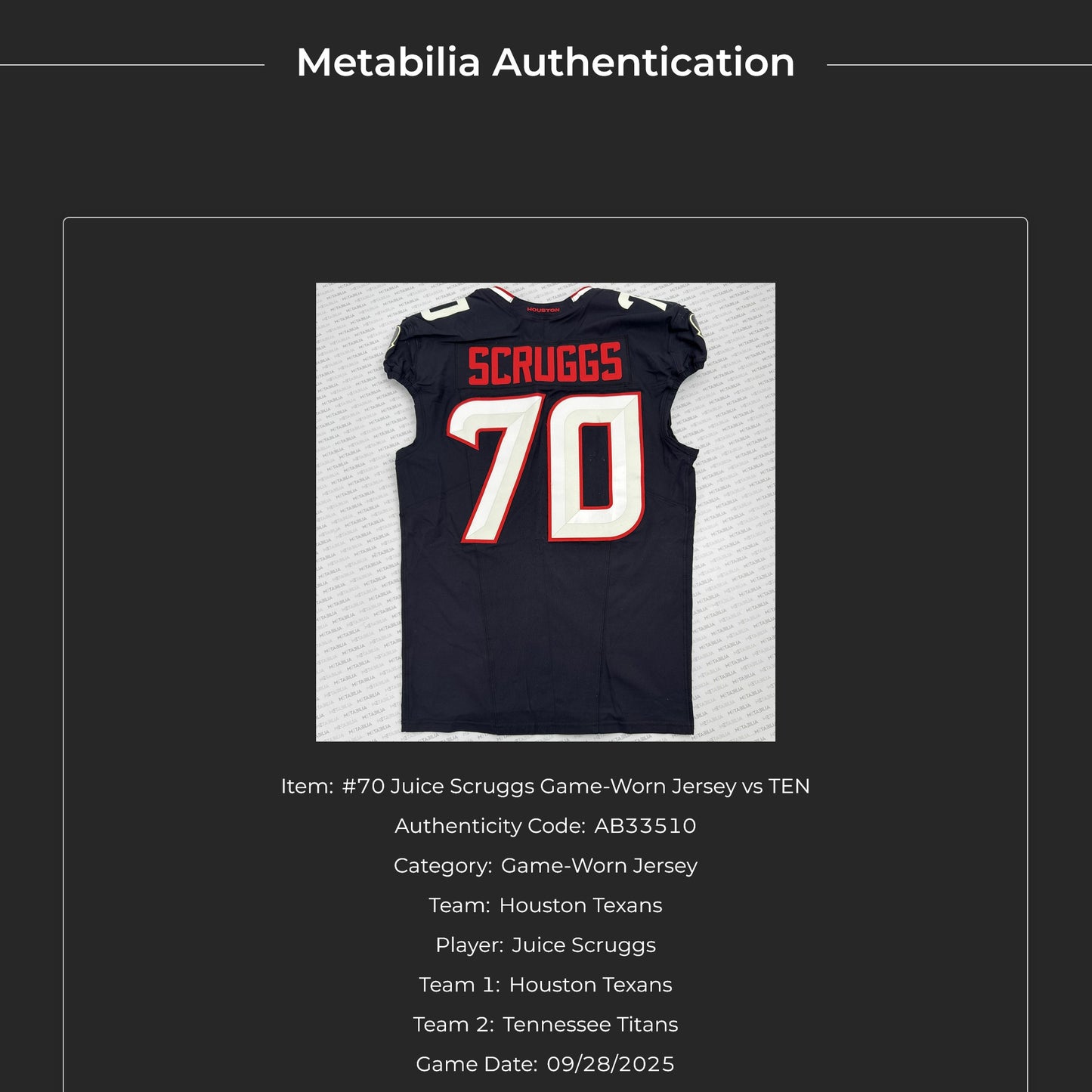 Juice Scruggs GAME WORN 💪 09/28/2025 Houston Texans Nike NFL Jersey 🎽 vs. Tennessee Titans