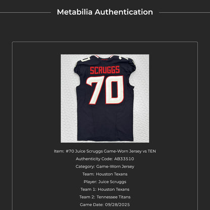 Juice Scruggs GAME WORN 💪 09/28/2025 Houston Texans Nike NFL Jersey 🎽 vs. Tennessee Titans