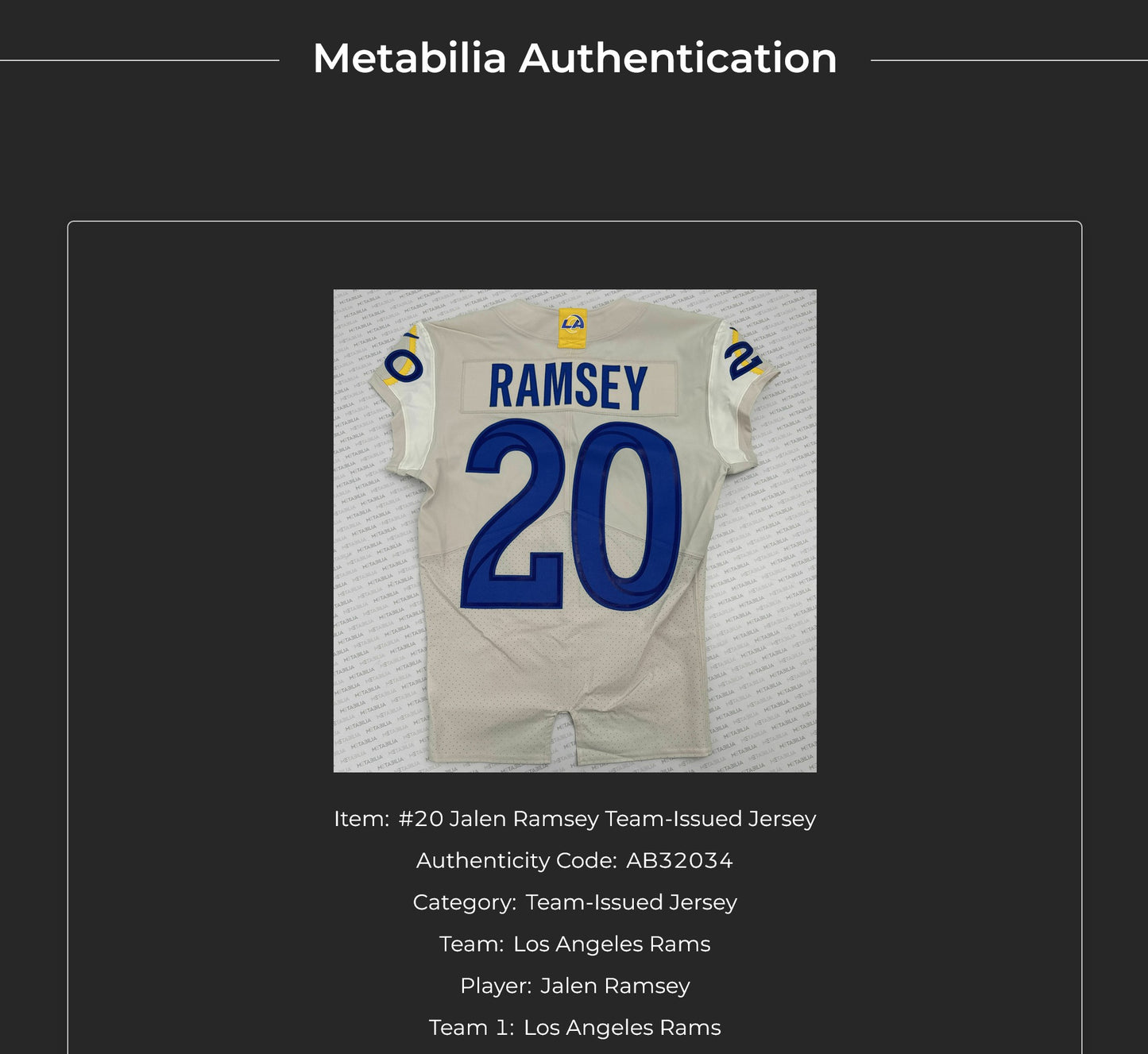 Jalen Ramsey TEAM-ISSUED💪Los Angeles Rams🐏NFL On-Field Jersey👕Inc. COA📄