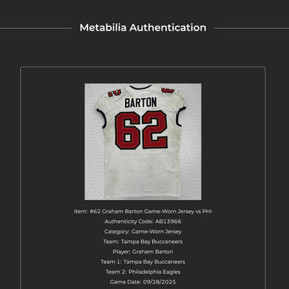 Graham Barton GAME-WORN💪09/23/25 Buccaneers On-Field NFL Jersey👕vs.Eagles🦅