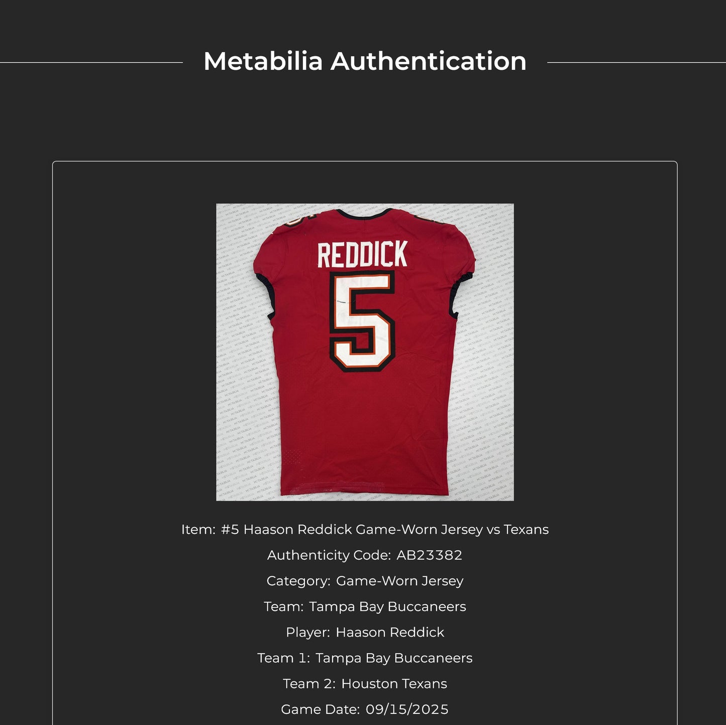 Haason Reddick GAME-WORN💪09/15/25 Tampa Bay Buccaneers On-Field NFL Jersey👕