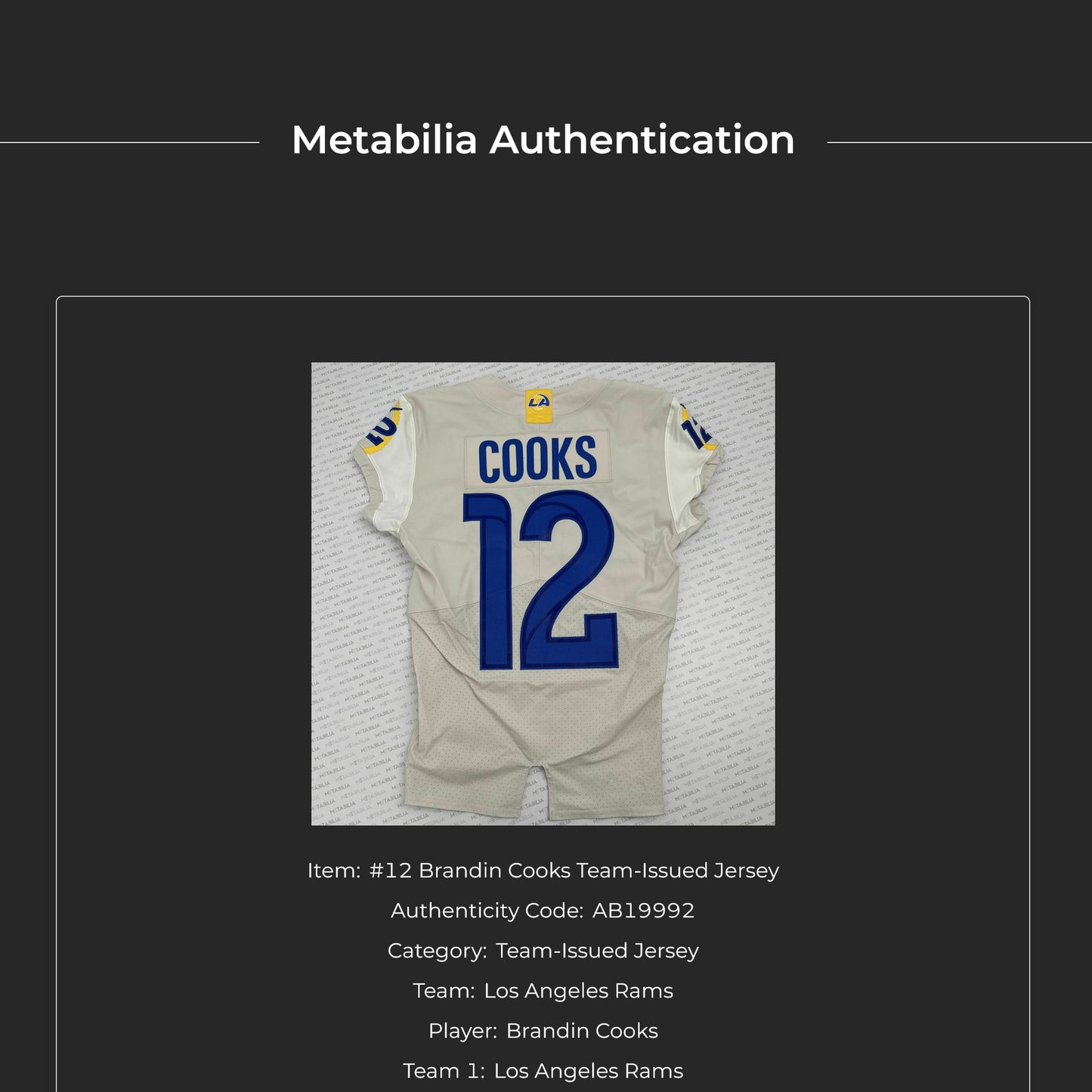 Brandin Cooks GAME-ISSUED💪Los Angeles Rams🐏NFL On-Field Jersey👕Inc. COA📄