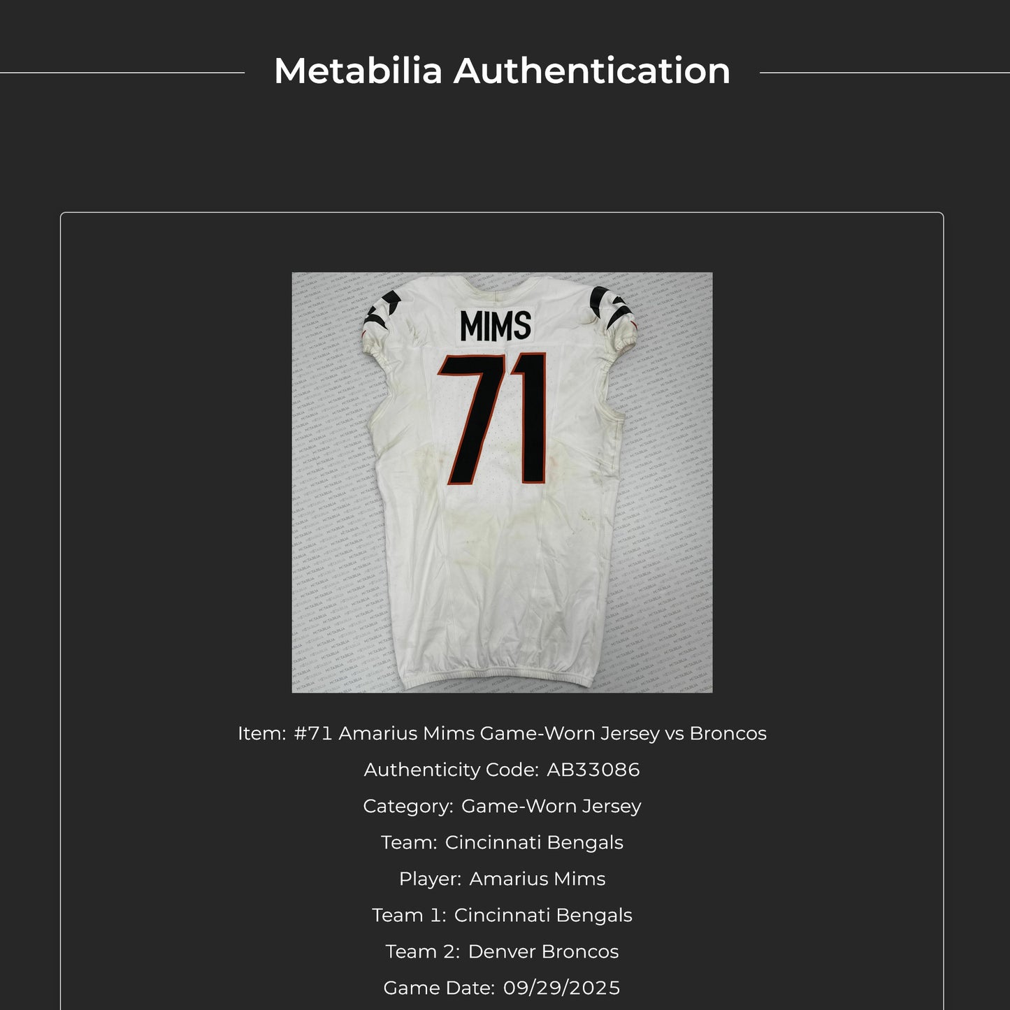 Amarius Mims GAME-WORN 09/29/25💪Cincinnati Bengals🐅NFL Jersey vs. Denver Broncos🐎