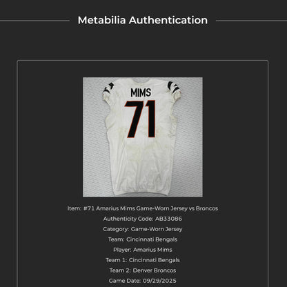 Amarius Mims GAME-WORN 09/29/25💪Cincinnati Bengals🐅NFL Jersey vs. Denver Broncos🐎