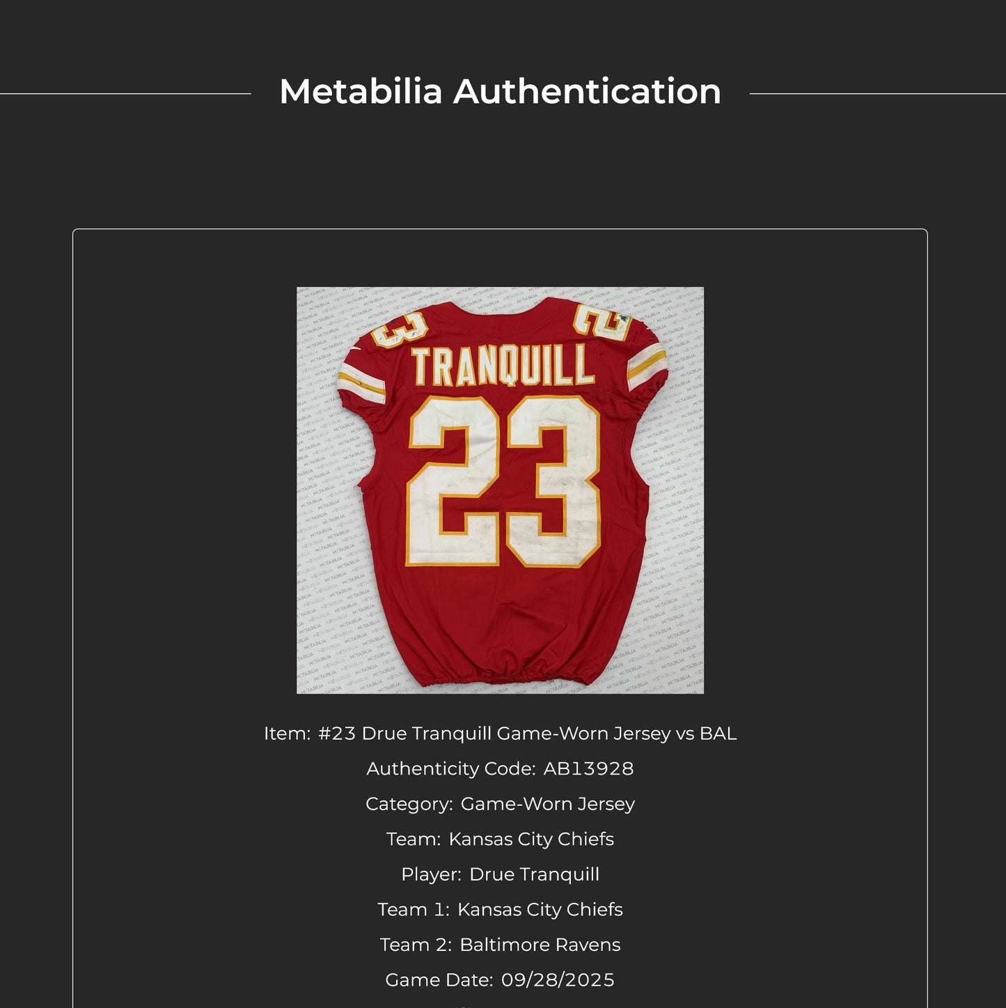 Drue Tranquill GAME-USED💪09/28/25 Kansas City Chiefs NFL Jersey🎽vs. Baltimore Ravens