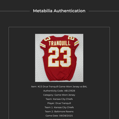 Drue Tranquill GAME-USED💪09/28/25 Kansas City Chiefs NFL Jersey🎽vs. Baltimore Ravens