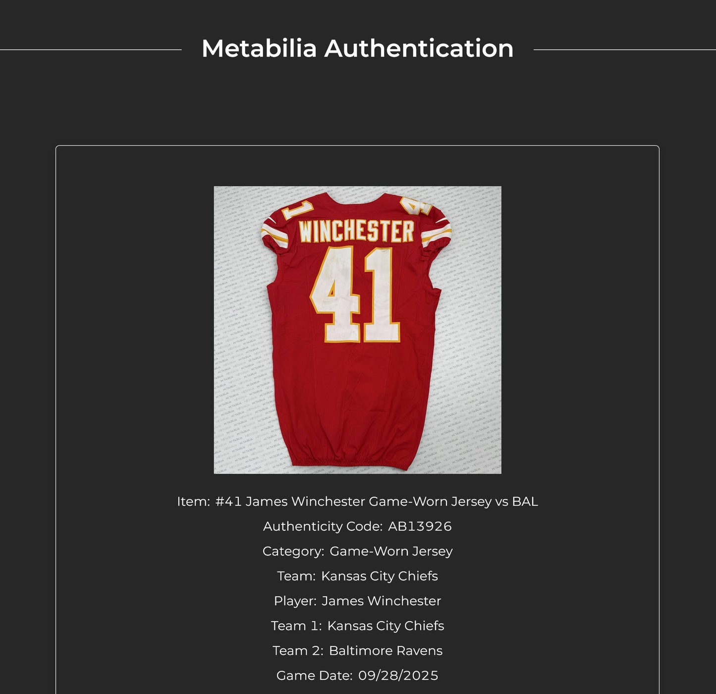 James Winchester GAME-USED💪09/28/25 Kansas City Chiefs NFL Jersey🎽vs. Baltimore Ravens