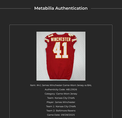 James Winchester GAME-USED💪09/28/25 Kansas City Chiefs NFL Jersey🎽vs. Baltimore Ravens