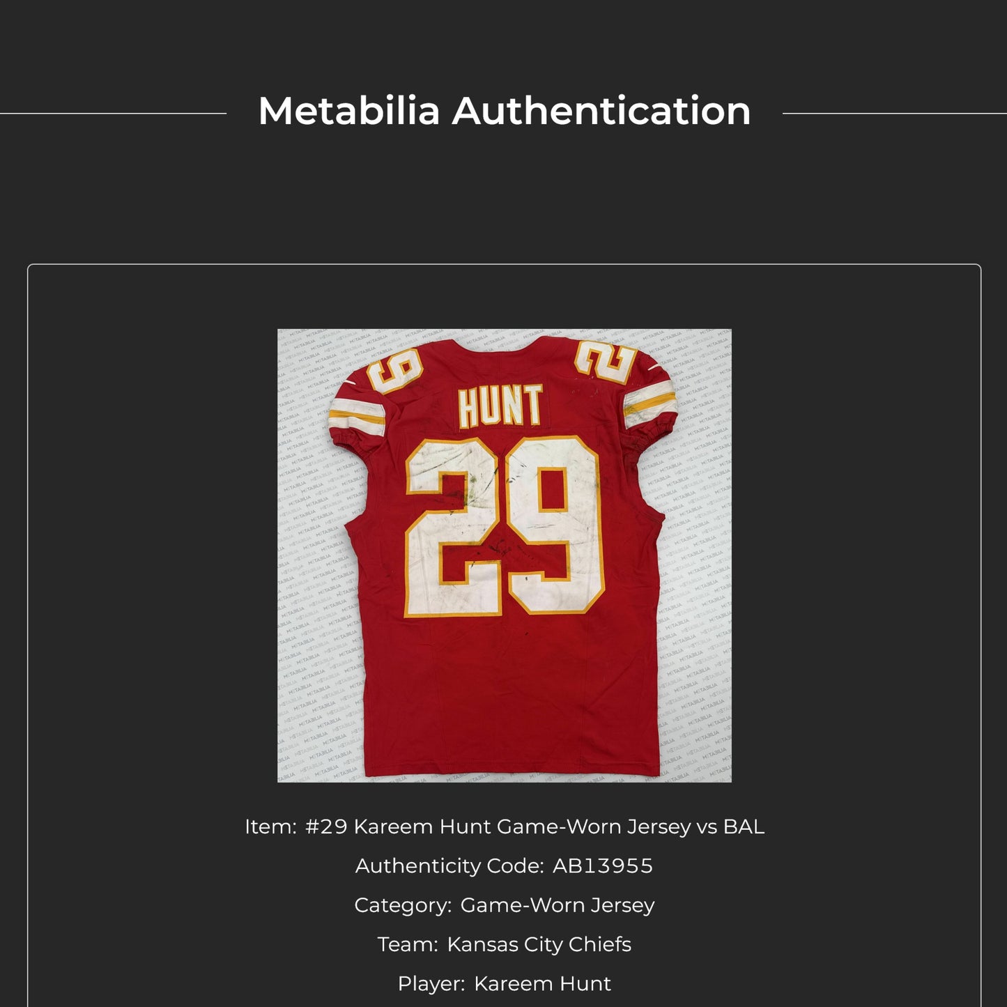 Kareem Hunt GAME-USED💪09/28/25 Kansas City Chiefs NFL Jersey🎽vs. Baltimore Ravens
