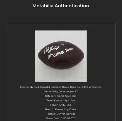 Andy Reid Hand-Signed + Inscribed "12th Chiefs Season" Game-Used Ball 01/05/25 Kansas City Chiefs vs. Denver Broncos