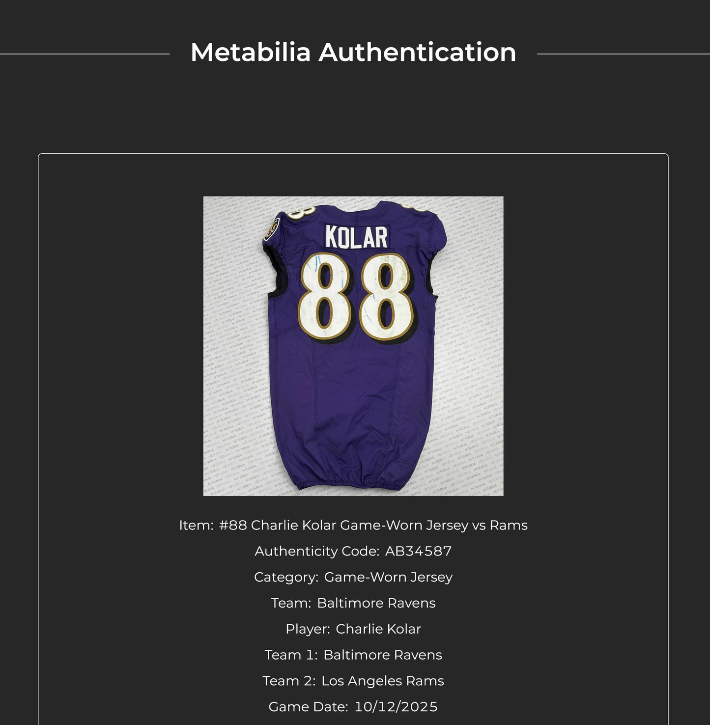 Charlie Kolar GAME-WORN💪10/12/25 On-Field Baltimore Ravens💜Jersey vs.Los Angeles Rams🐏