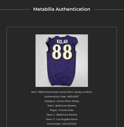 Charlie Kolar GAME-WORN💪10/12/25 On-Field Baltimore Ravens💜Jersey vs.Los Angeles Rams🐏