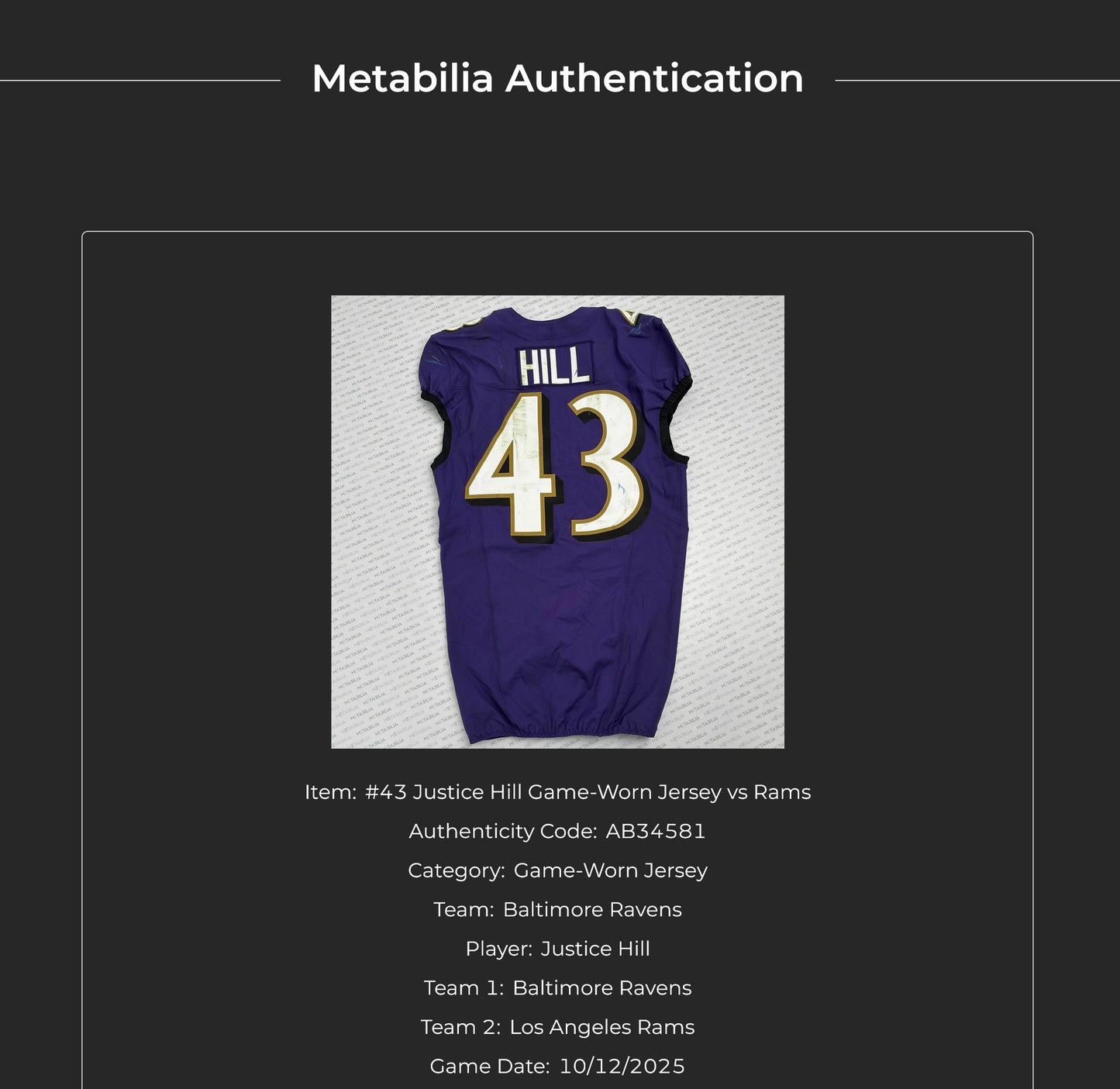 Justice Hill GAME-WORN💪10/12/25 On-Field Baltimore Ravens💜Jersey vs.Los Angeles Rams🐏
