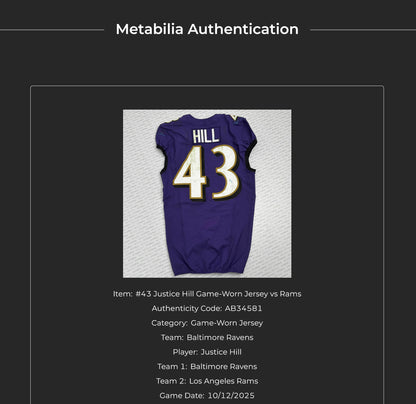 Justice Hill GAME-WORN💪10/12/25 On-Field Baltimore Ravens💜Jersey vs.Los Angeles Rams🐏