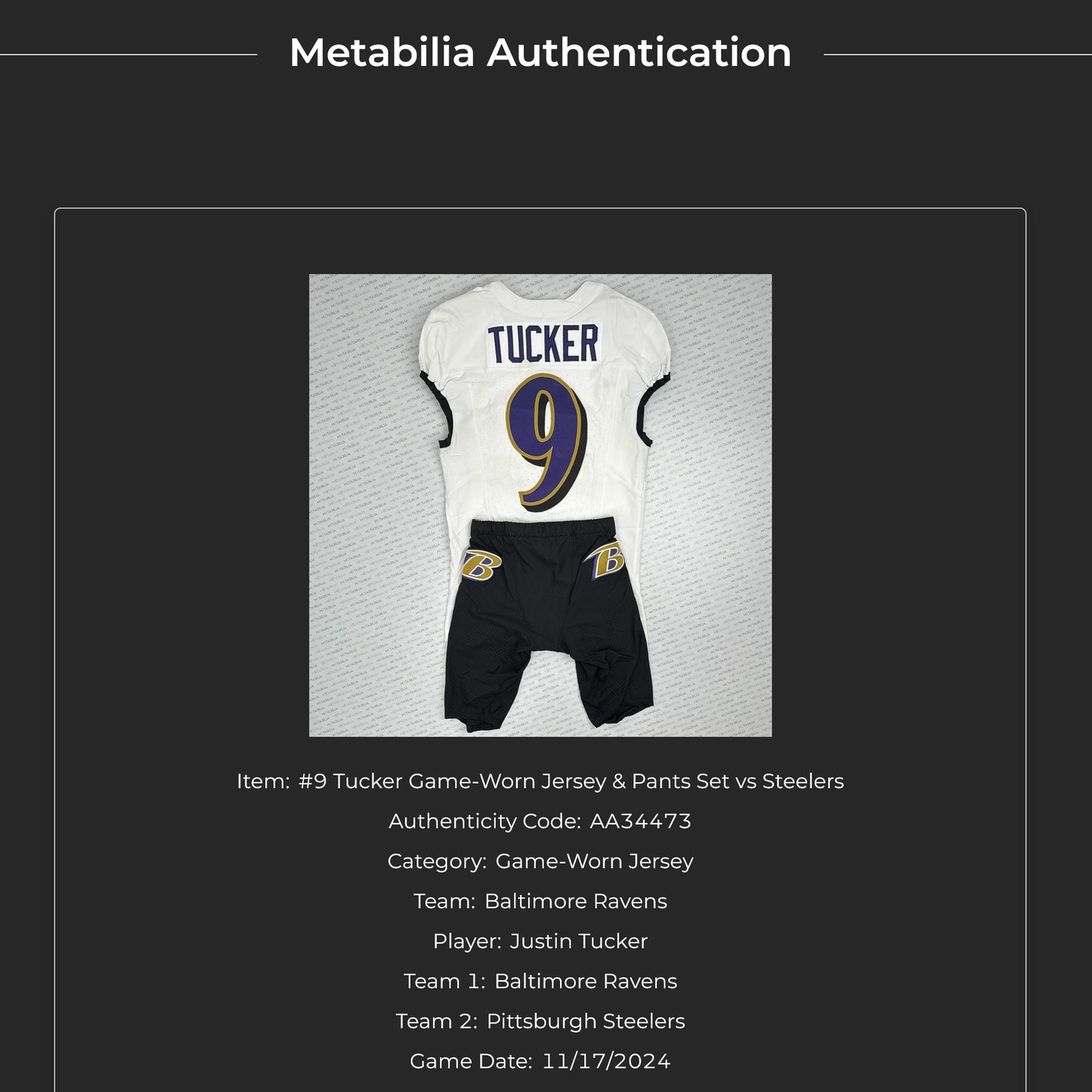 Justin Tucker GAME WORN💪11/17/24 Baltimore Ravens💜NFL Jersey + Pants set vs. Steelers