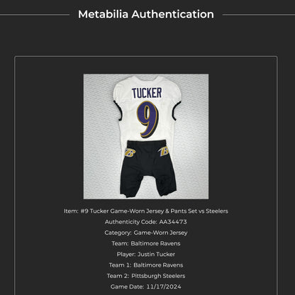 Justin Tucker GAME WORN💪11/17/24 Baltimore Ravens💜NFL Jersey + Pants set vs. Steelers