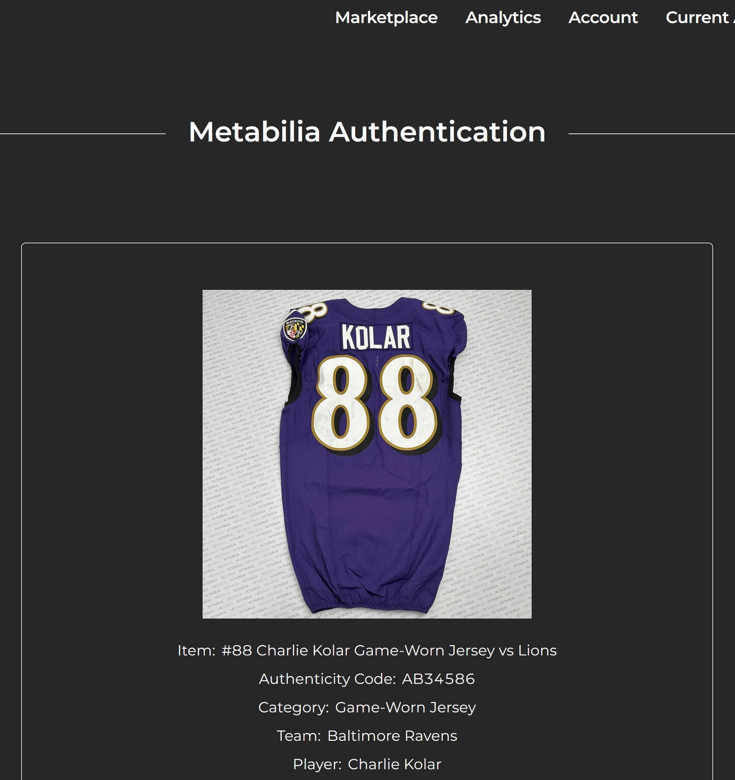 Charlie Kolar GAME-WORN💪from the 2025 season Baltimore Ravens💜Jersey Also includes COA