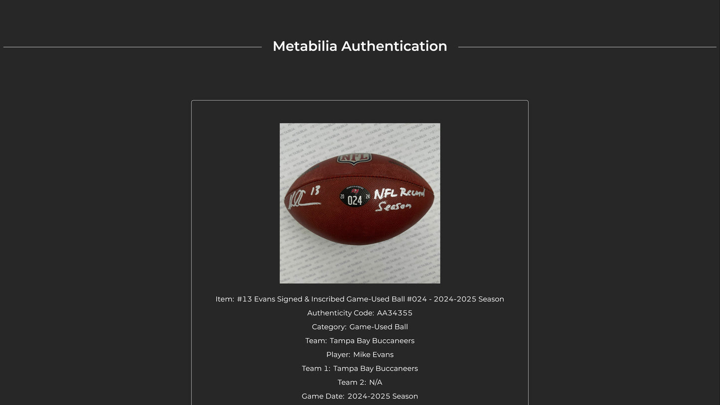 Mike Evans GAME USED 💪 Hand Signed 🖊️ + Inscribed Football 🏈 Tampa Bay Buccaneers 24-25 Season Inscribed "NFL Record Season"