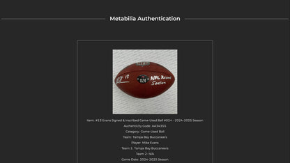 Mike Evans GAME USED 💪 Hand Signed 🖊️ + Inscribed Football 🏈 Tampa Bay Buccaneers 24-25 Season Inscribed "NFL Record Season"