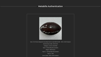 Mike Evans GAME USED 💪 Signed + Inscribed Football Tampa Bay Buccaneers 24-25 Season Inscribed “11th Straight 1,000 yd Szn”