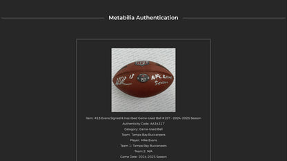 Mike Evans GAME USED 💪 Signed + Inscribed 🖊️ Tampa Bay Buccaneers Wilson Duke Football 24-25 Season Inscribed "NFL Record Season" Inc. Proof of Authenticity