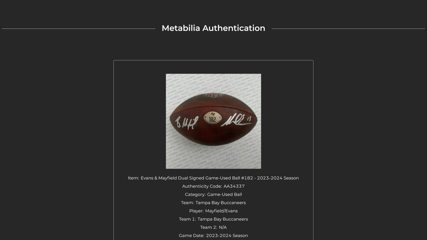 Baker Mayfield + Mike Evans GAME USED 💪 Signed 🖊️ Wilson DUKE Ball Tampa Bay Buccaneers Proof of Authenticity included 📄