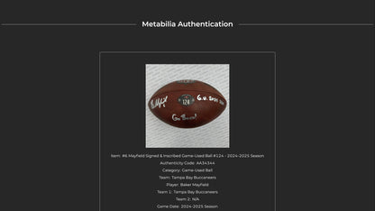 Baker Mayfield GAME USED 💪 and Signed + Inscribed Tampa Bay Buccaneers Wilson DUKE Ball Inscribed "G.U. 2024 Szn   Go Bucs!" Proof of Authenticity included 📄