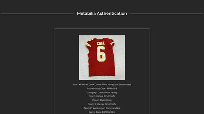 Bryan Cook GAME WORN 💪 10/27/25 Kansas City Chiefs Nike NFL Jersey 🎽 vs. Washington Commanders - COA included 🛡️