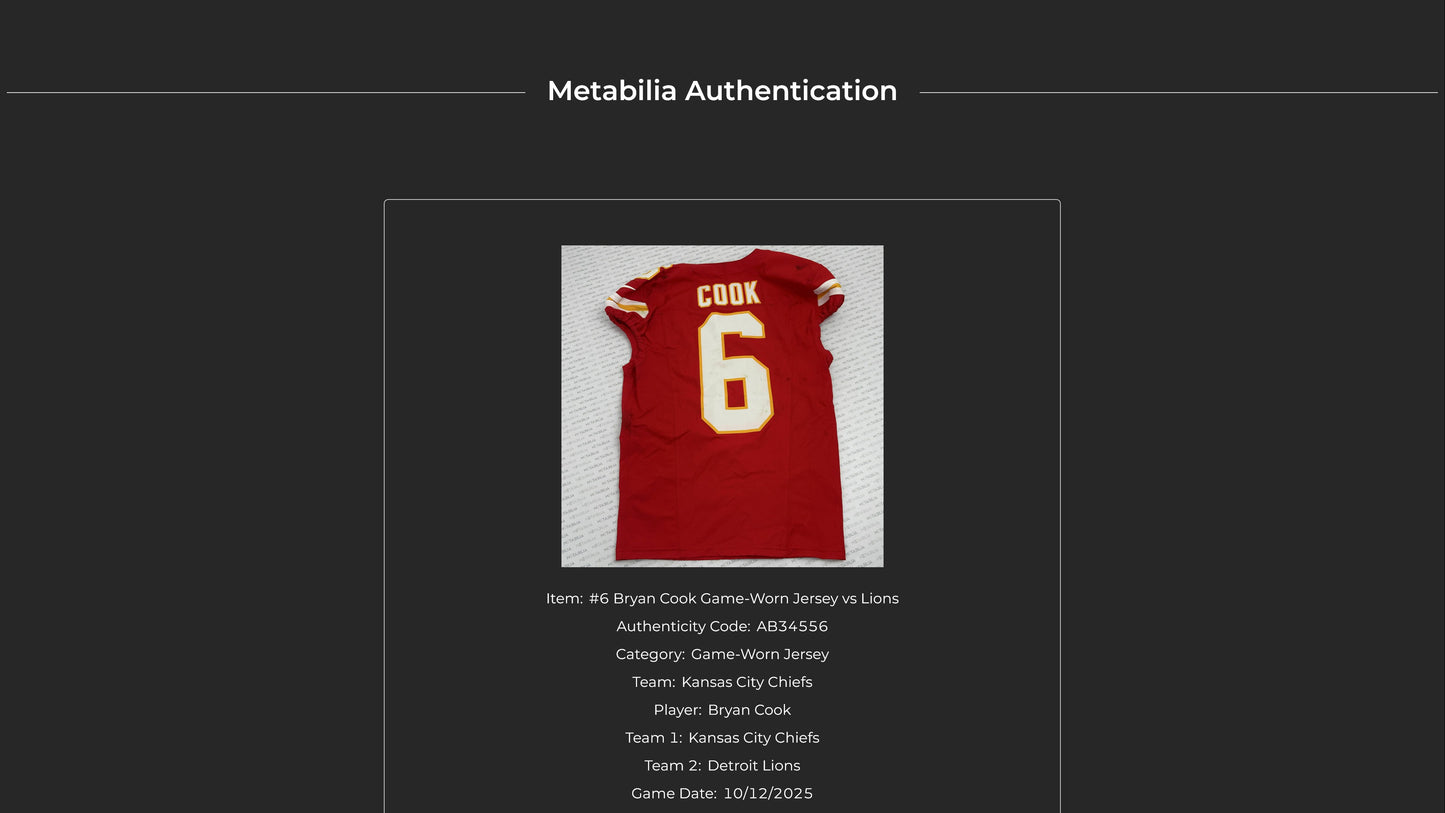 Bryan Cook GAME WORN 💪 10/12/25 Kansas City Chiefs Nike NFL Jersey 🎽 vs Lions - COA included 🛡️