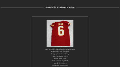 Bryan Cook GAME WORN 💪 10/12/25 Kansas City Chiefs Nike NFL Jersey 🎽 vs Lions - COA included 🛡️