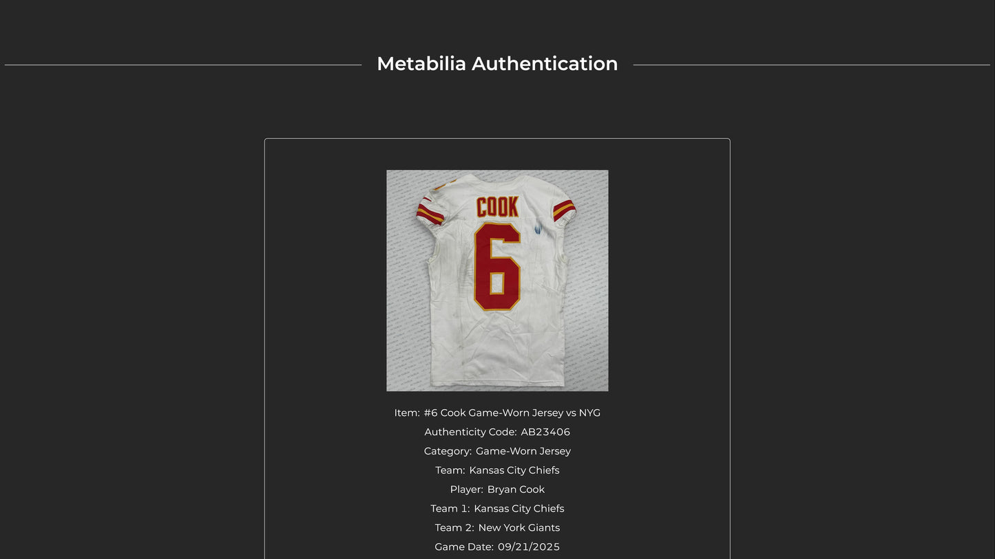 Bryan Cook GAME WORN 💪 09/21/25 Kansas City Chiefs Nike NFL Jersey 🎽 vs Giants - COA included 🛡️