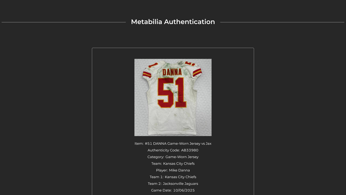 Mike Danna GAME WORN 💪 10/06/25 Kansas City Chiefs Nike NFL Jersey 🎽 vs Jaguars - COA included 🛡️