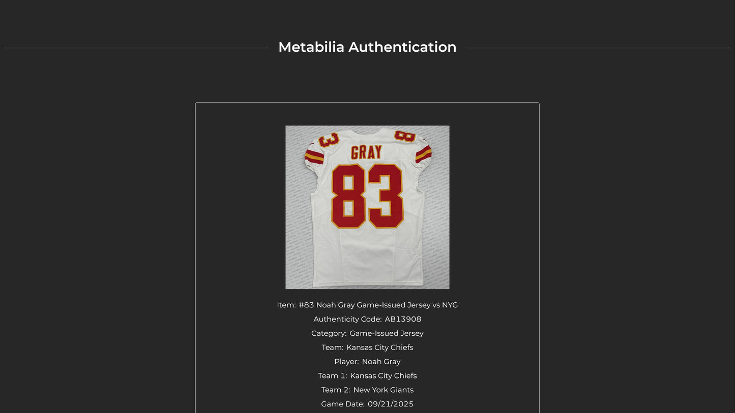 Noah Gray GAME ISSUED 💪 09/21/25 Kansas City Chiefs NFL Jersey 🎽 vs. Giants Inc. Certification 🛡️