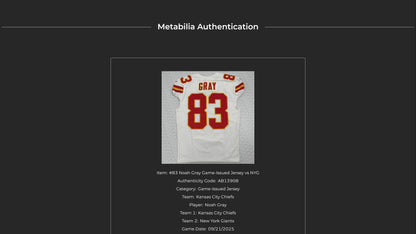 Noah Gray GAME ISSUED 💪 09/21/25 Kansas City Chiefs NFL Jersey 🎽 vs. Giants Inc. Certification 🛡️