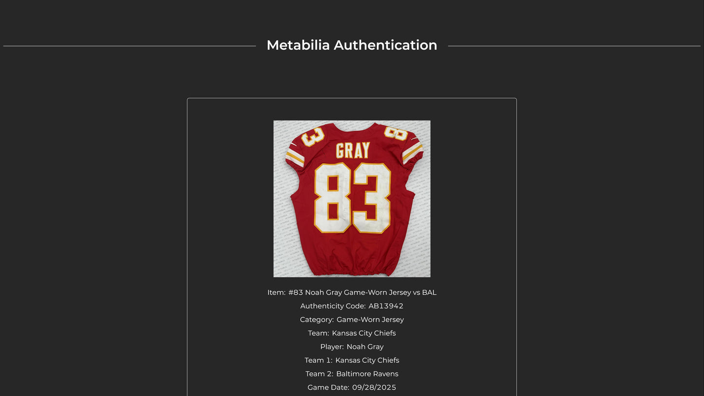 Noah Gray GAME WORN 💪 09/28/25 Kansas City Chiefs Nike NFL Jersey🎽vs. Baltimore Ravens - COA included 🛡️