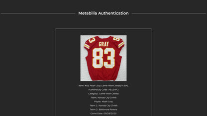 Noah Gray GAME WORN 💪 09/28/25 Kansas City Chiefs Nike NFL Jersey🎽vs. Baltimore Ravens - COA included 🛡️
