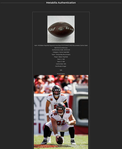 Baker Mayfield GAME USED 💪 PHOTO MATCED 📷 Tampa Bay Buccaneers Signed & Inscribed 🖊️ Wilson Duke Ball vs Broncos Proof of Authenticity included 🛡️