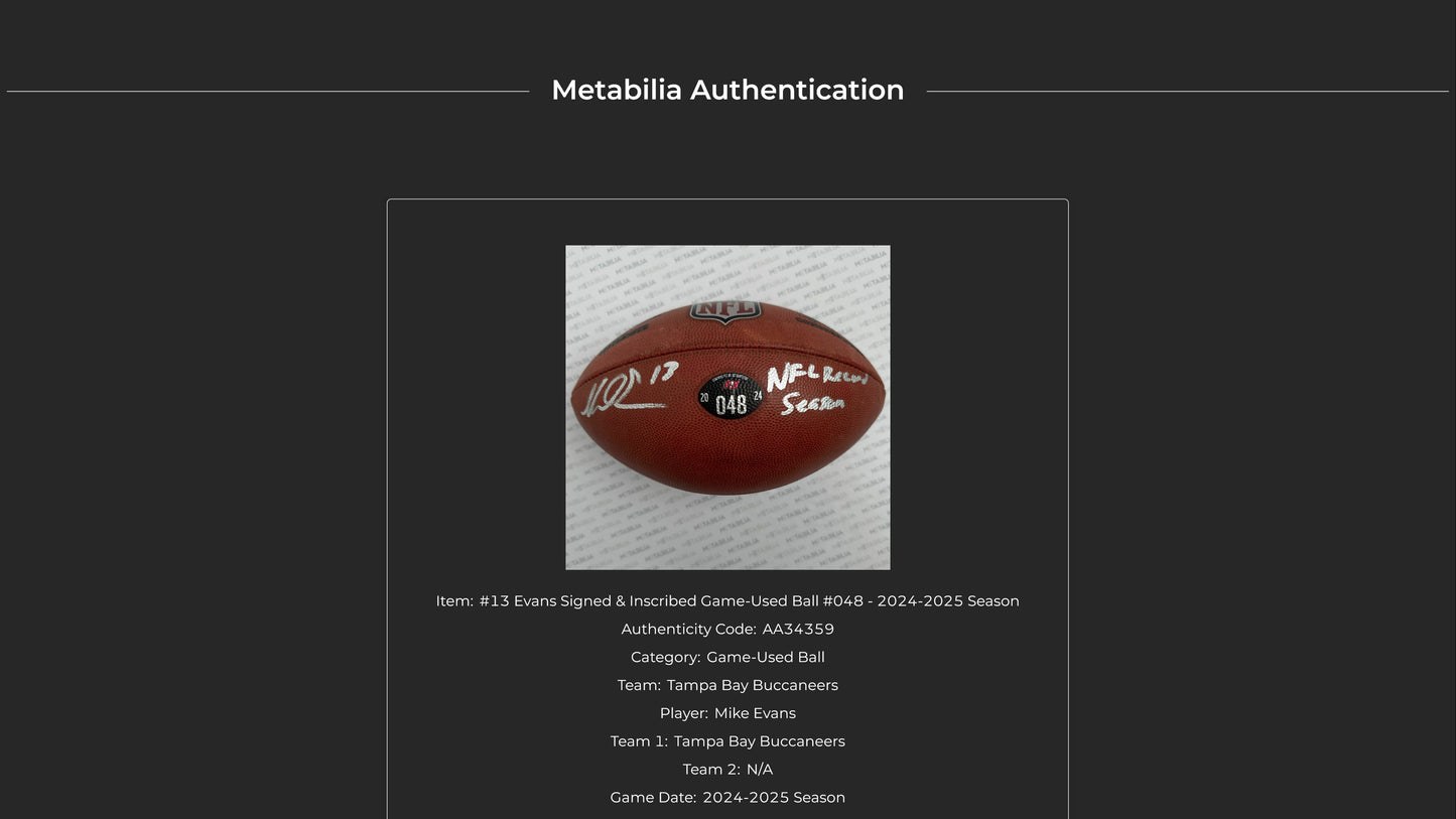 Mike Evans GAME USED 💪 Signed + Inscribed ✍️🖊️ Tampa Bay Buccaneers Wilson Duke Football 24-25 Season Inscribed "NFL Record Season" with Proof of Authenticity 🛡️