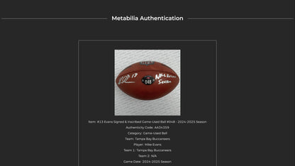 Mike Evans GAME USED 💪 Signed + Inscribed ✍️🖊️ Tampa Bay Buccaneers Wilson Duke Football 24-25 Season Inscribed "NFL Record Season" with Proof of Authenticity 🛡️