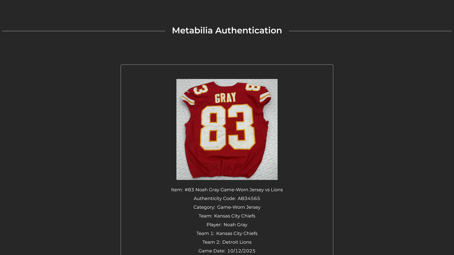 Noah Gray GAME WORN 10/12/25 Kansas City Chiefs NFL Jersey vs. Lions inc. COA🛡️