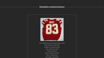 Noah Gray GAME WORN 10/12/25 Kansas City Chiefs NFL Jersey vs. Lions inc. COA🛡️
