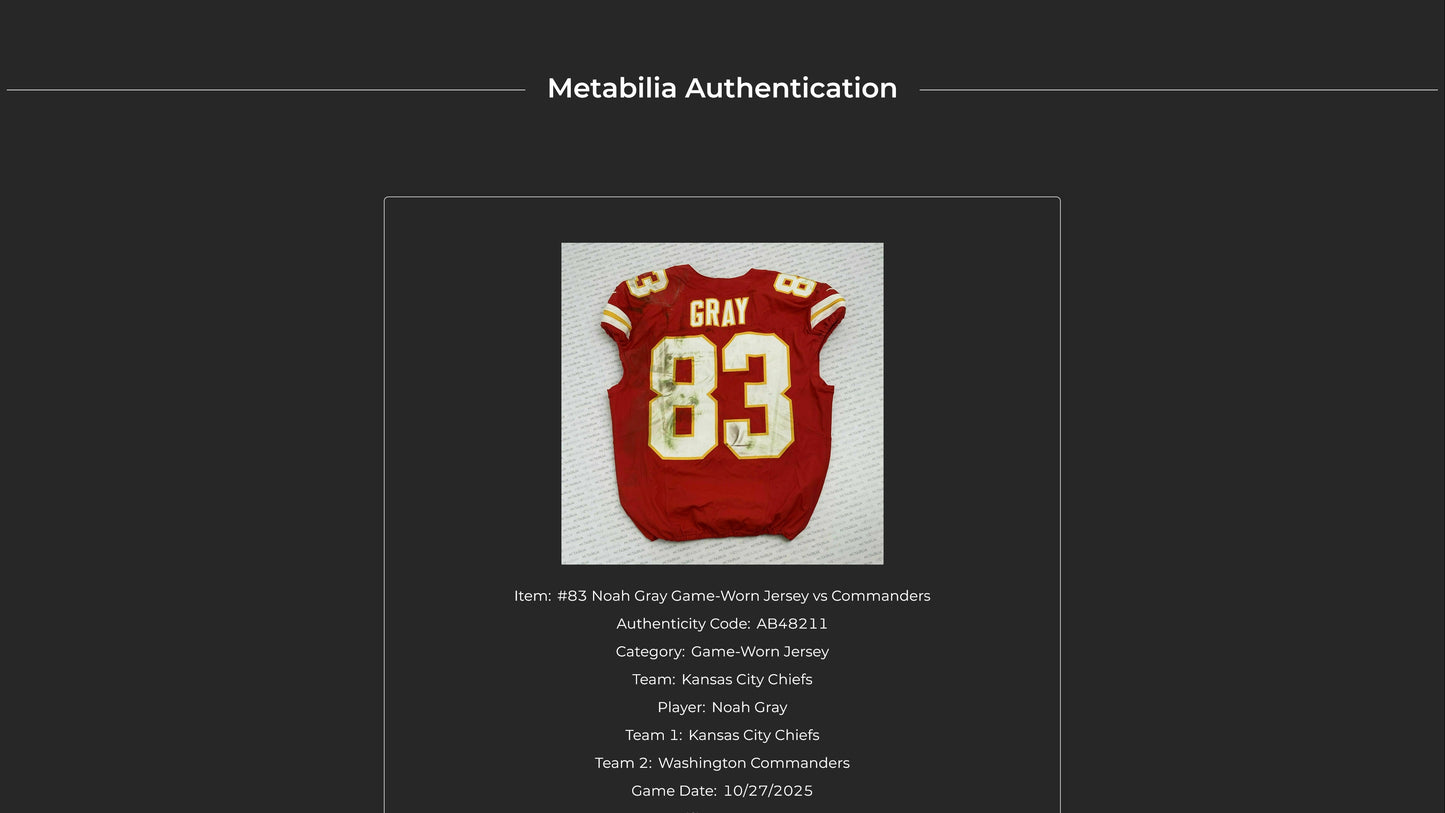 Noah Gray GAME WORN 10/27/25 Kansas City Chiefs Nike NFL Jersey vs. Commanders Inc. COA 🛡️