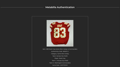 Noah Gray GAME WORN 10/27/25 Kansas City Chiefs Nike NFL Jersey vs. Commanders Inc. COA 🛡️