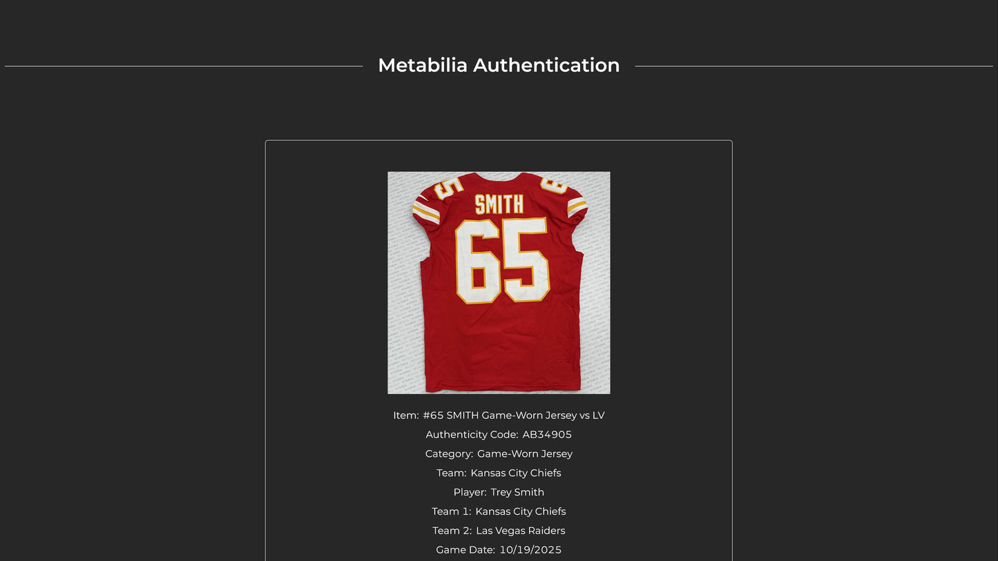 Trey Smith GAME WORN 10/19/25 Kansas City Chiefs Nike NFL Jersey 🎽 vs. Las Vegas Raiders inc. COA 🛡️