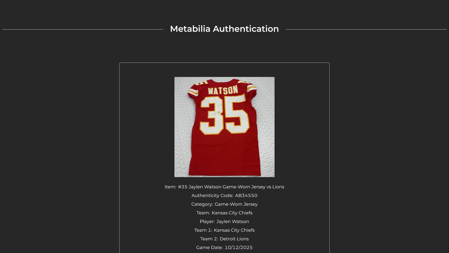 Jaylen Watson GAME WORN 💪 10/12/25 Kansas City Chiefs NFL Jersey 🎽 vs. Lions inc. COA 🛡️